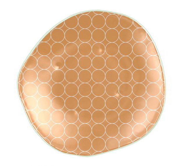 Curvy Gold Dinner Plates with a Retro Pattern Designed by Anna Vasily. - top view