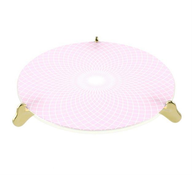 Pink Cake Tray With Brass Supports Designed by Anna Vasily. - 3/4 view