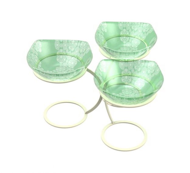 Green Fruit Bowl Stand With 3 Glass Bowls Designed by Anna Vasily. - 3/4 view