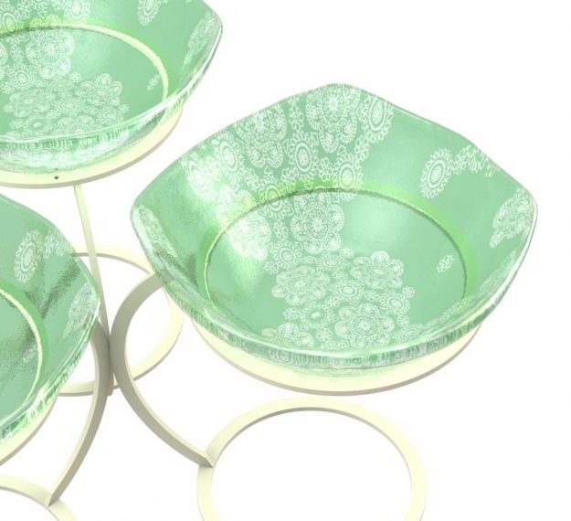Green Fruit Bowl Stand With 3 Glass Bowls Designed by Anna Vasily. - detail view