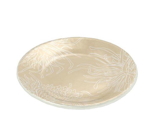 Round Small Side Plates in Beige with Floral Pattern by Anna Vasily. - 3/4 view