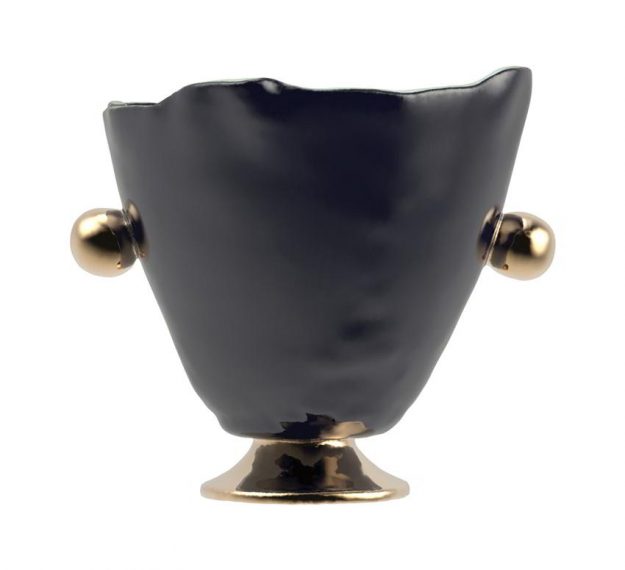 Glass Wine Ice Bucket on Pedestal with Bronze Handles by Anna Vasily. - side view