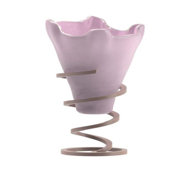 Soft Shell Pink Ice Cream Bowls Supported on a Spiral Metal Base. - side view