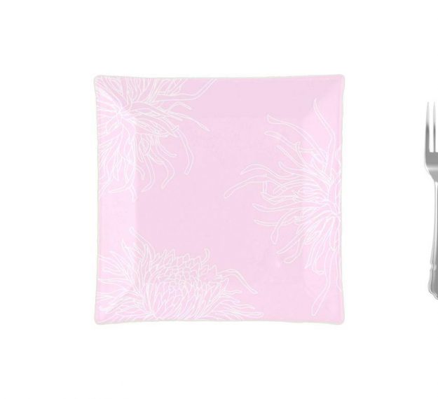 Square Pink Dessert Plates with Floral Motifs Designed by Anna Vasily. - measure view