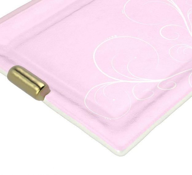 Pink Charger Plates with Shiny Brass Handles Designed by Anna Vasily. - detail view