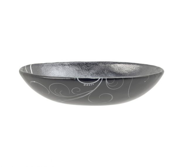 Navy Blue Round Salad Bowl with Floral Pattern by Anna Vasily.  - side view