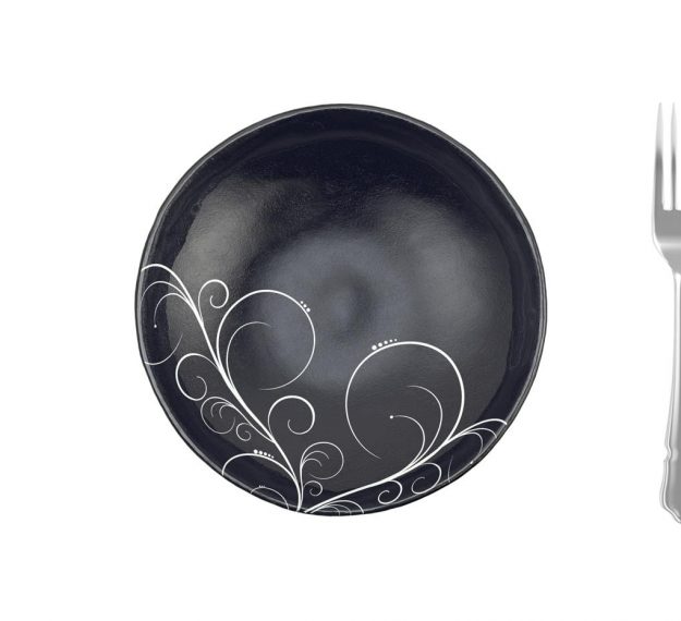 Navy Blue Round Salad Bowl with Floral Pattern by Anna Vasily.  - measure view