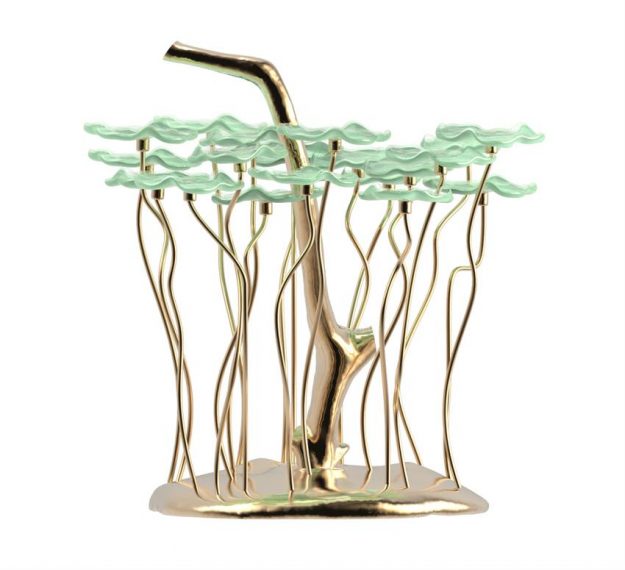 AnnaVasily - Bobi is a green dessert stand with 20 removable flower shaped, mini glass plates.-Side View