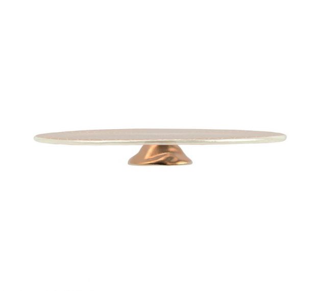 Rose Gold Glass Cake Tray on Pedestal by Anna Vasily. - side view