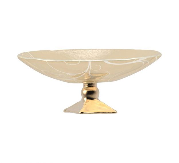 AnnaVasily - Xante is a large fruit bowl in cream and our Vivace pattern on a square bronze pedestal.-Side View