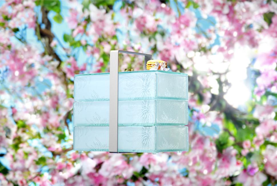 Beautiful 3 compartment glass bento box with floral pattern in light blue with cherry blossom branches on the background
