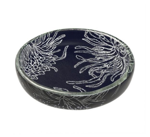 Navy Blue Nut Bowl with Floral Pattern Designed by Anna Vasily. - 3/4 view