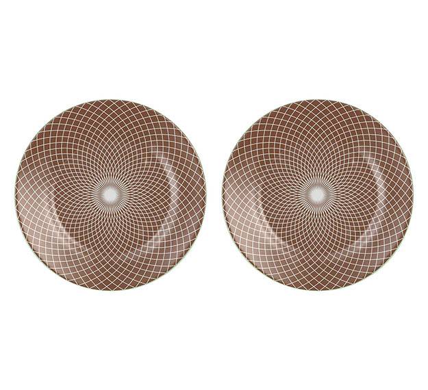 Patterned Large Charger Plates in Doe Brown Designed by Anna Vasily. - set view