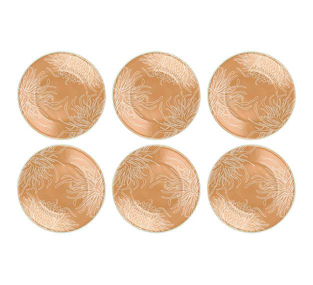 Gold Floral Side Plates. A Set/6 Floral Round Plates by Anna Vasily. - set view