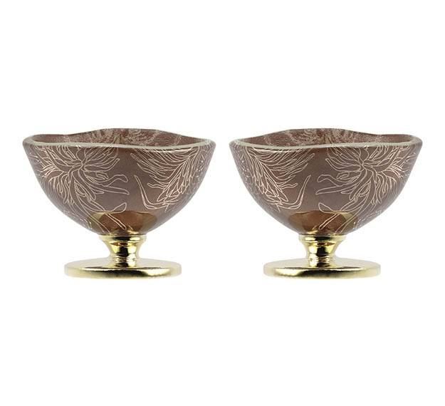 Handcrafted Doe Brown Sorbet Bowls with Floral Pattern by Anna Vasily. - set view