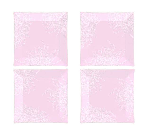 Square Pink Dessert Plates with Floral Motifs Designed by Anna Vasily. - set view