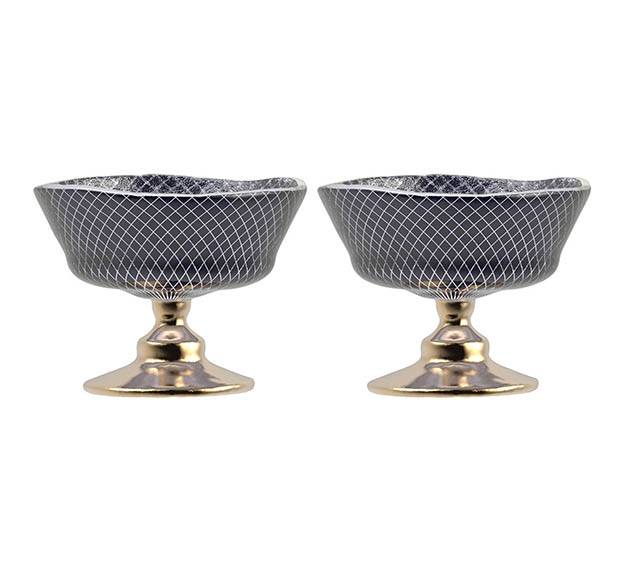 Elegant Navy Blue Dessert Bowls with Pattern Designed by Anna Vasily. - set view