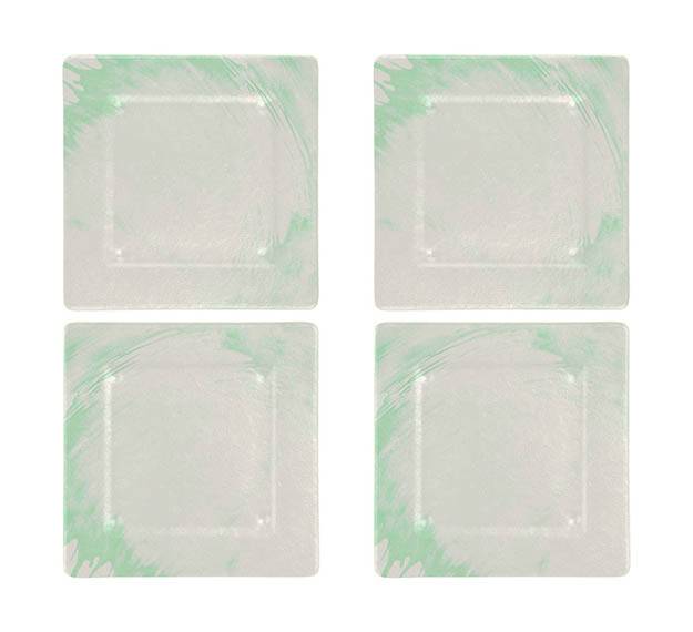 Square Charger Plates in White and Green Designed by Anna Vasily. - set view