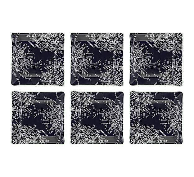 Navy Blue Square Side Plates, Floral Tones by Anna Vasily. - set view