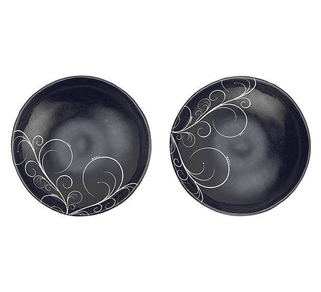 Navy Blue Round Salad Bowl with Floral Pattern by Anna Vasily.  - set view