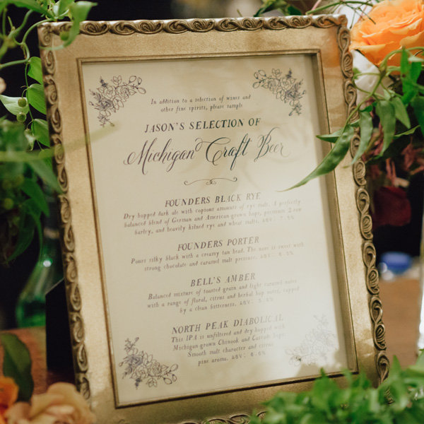 Wedding ideas - beer menu in gold frame