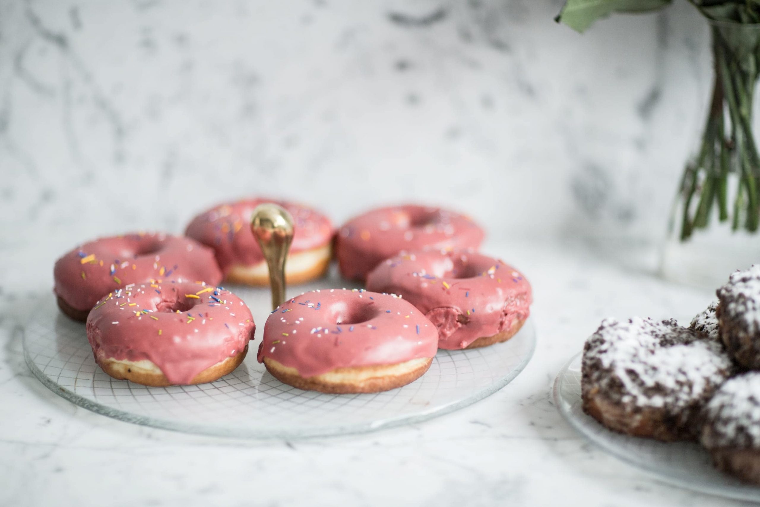 donut display - donut day - diana - pink donuts on donut tray