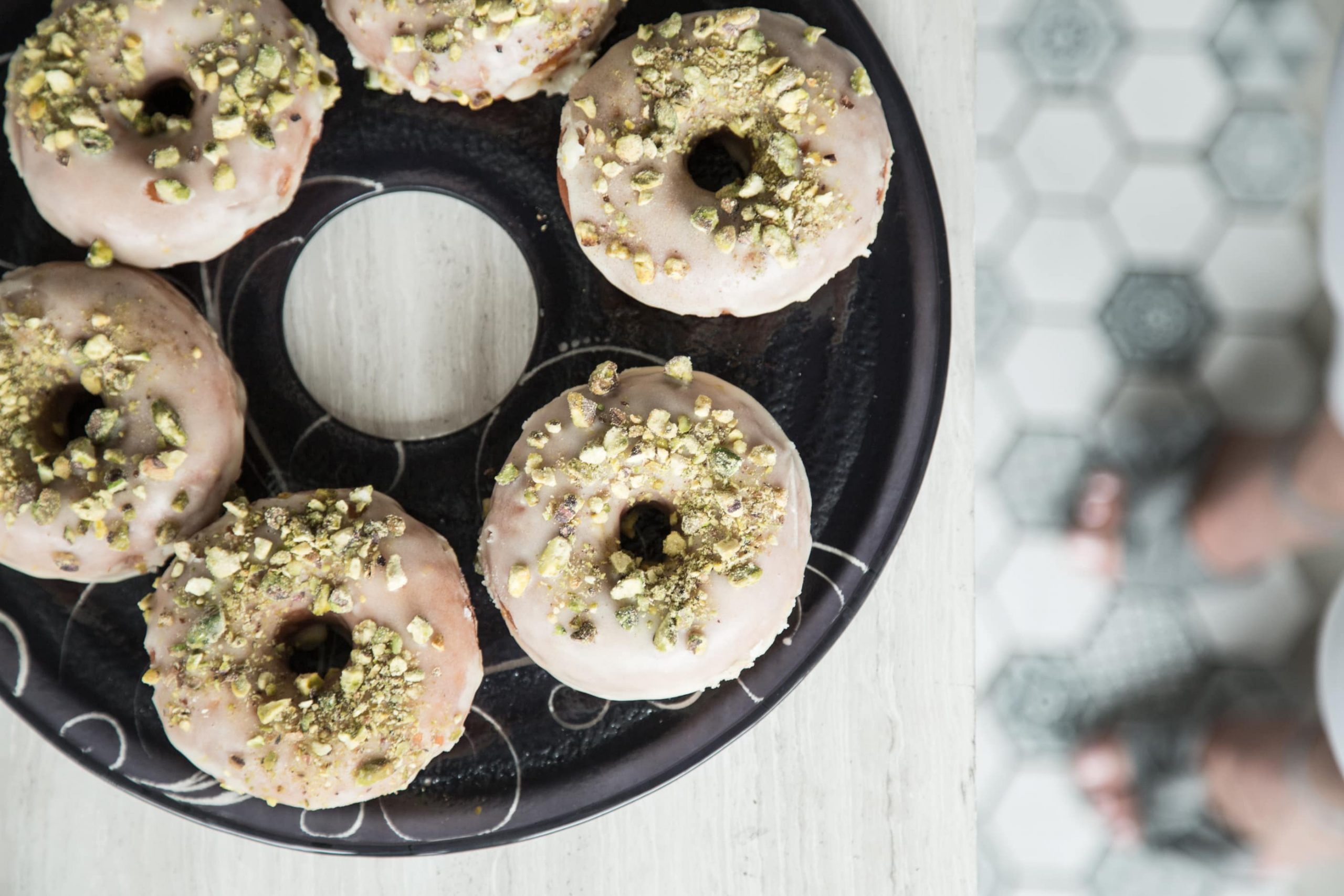 donut display - donut day - Selen - donuts on dark blue tray