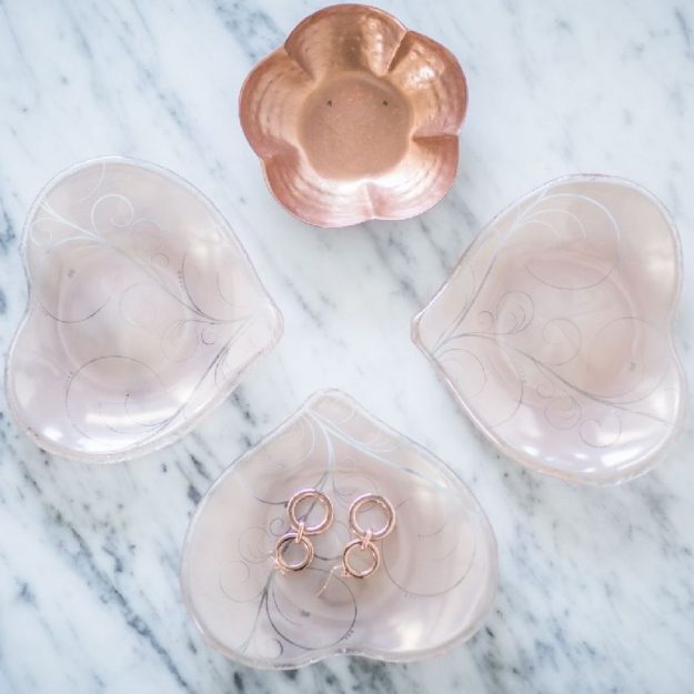 Small Heart Plate Set, Isla 3 Rose Gold Valentine Plates with Floral Pattern by Anna Vasily.