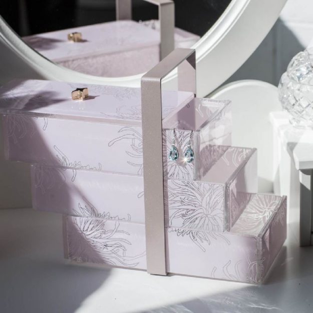 Stylish Pink Bento Box, Kaly Glass Pink Jewellery Case on Dresser - Anna Vasily