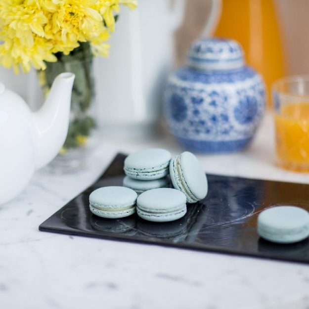 Navy Blue Sushi Dinnerware, Lexie Set/4 Sushi Plate Designs by Anna Vasily with Blue Macarons.