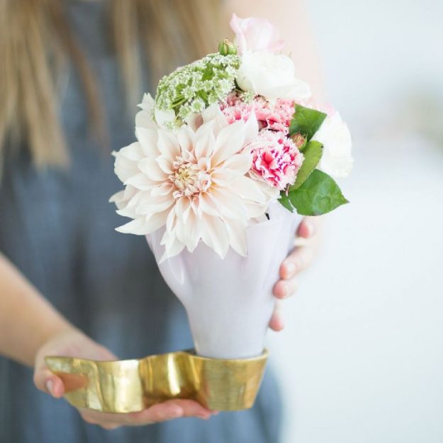 Glass Bud Vases On Brass Base, Mari the Perfect Pink Small Vase with Pink Flowers - Anna Vasily