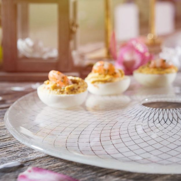 Deviled Eggs on Round Sushi Serving Platter, Polly Round Serving Dip Tray With a Hole in the Middle