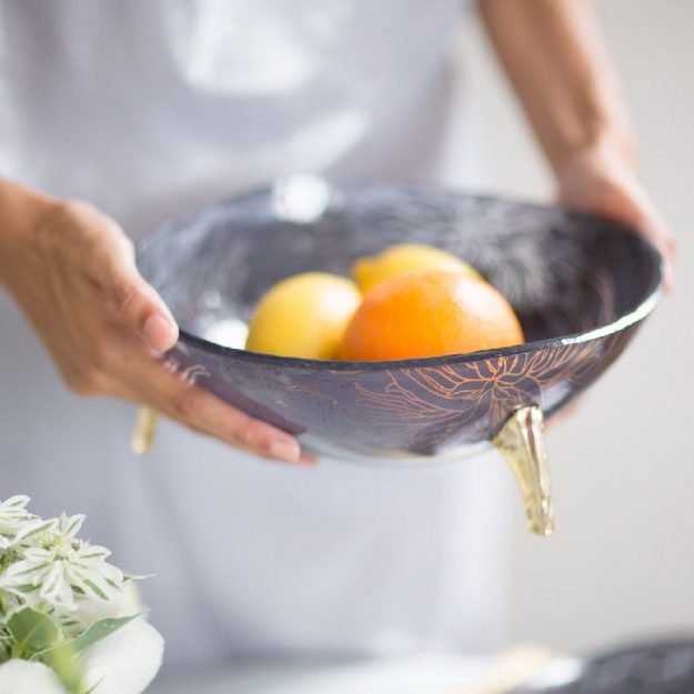 Blue Designer Fruit Bowl, Safia Modern Decorative Bowl on Gold-Plated Supports with Oranges