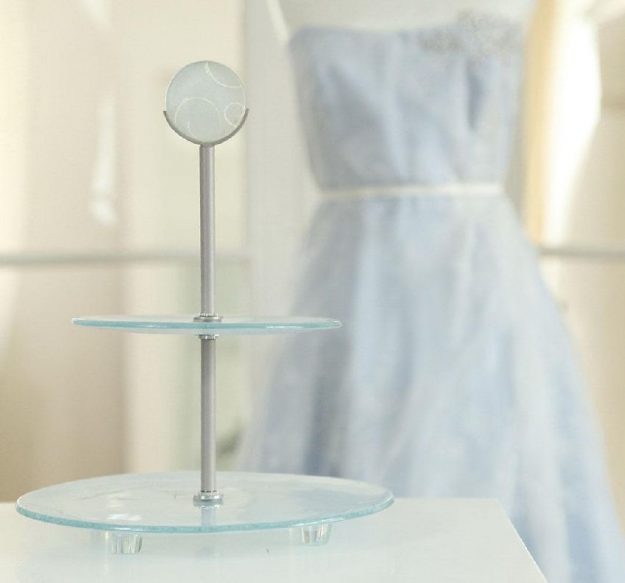 Blue High Tea Stand, Sym 2-Tier Cake Stand by Anna Vasily with a Blue Dress in the Background