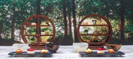 Winter High Tea - Tea tray - Elegant and balanced Japanese tea ceremony presentation with beautiful glass high tea stands, tea bowls and presentation platters